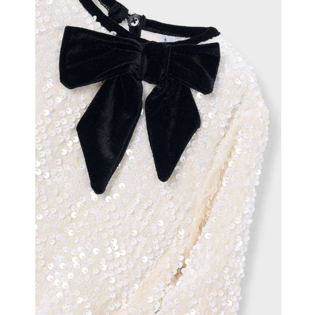 Mayoral - Shiny White Dress with Black Ribbon