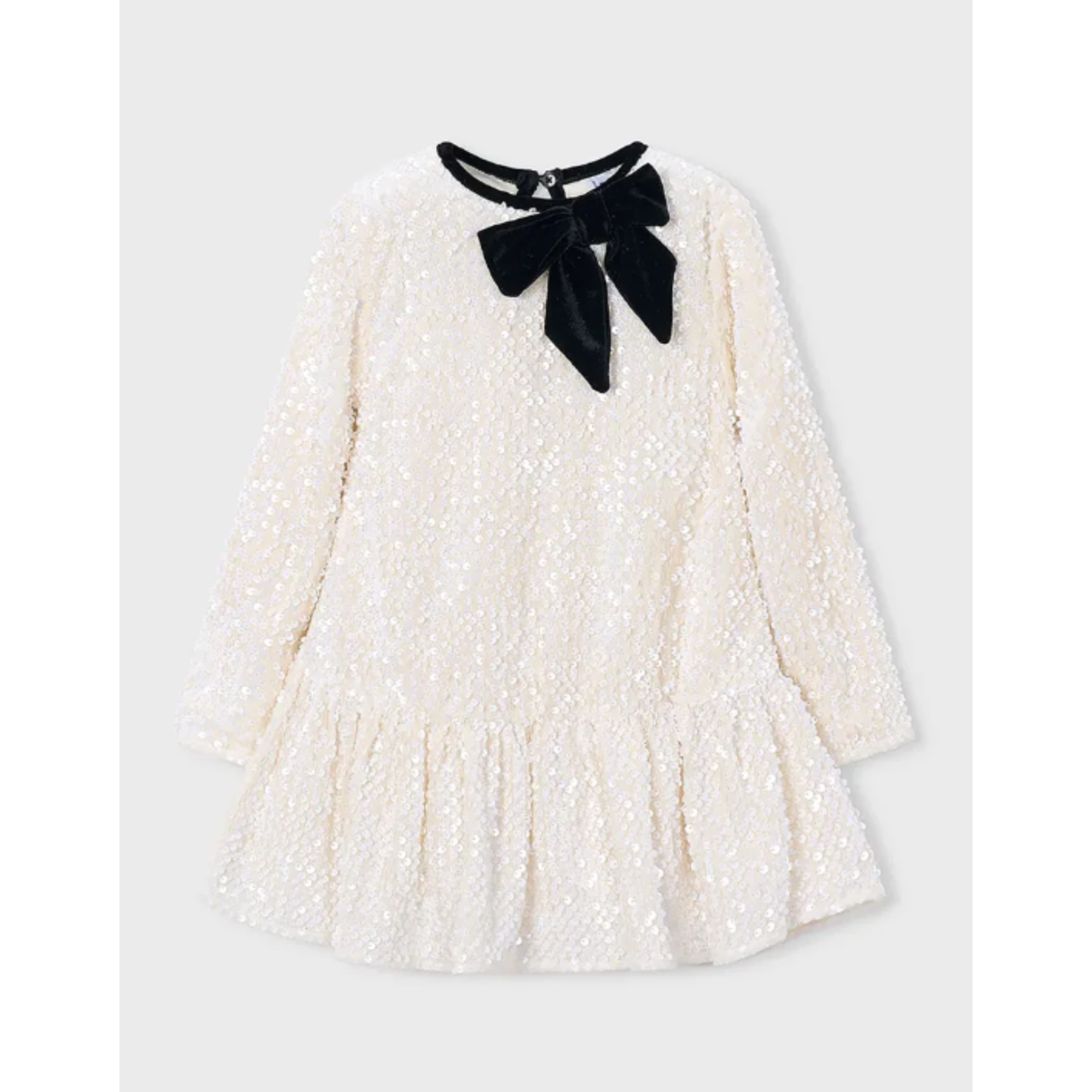 Mayoral - Shiny White Dress with Black Ribbon