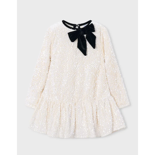 Mayoral - Shiny White Dress with Black Ribbon