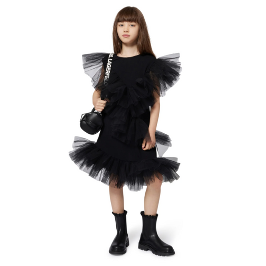 KARL LAGERFELD - Black Jersey & Tulle Ruffle Dress