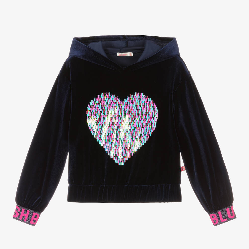 Billieblush - Girls Blue Velour Sequined Heart Hoodie