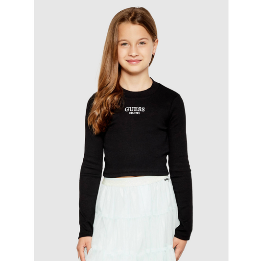 Guess - Black Long-Sleeved Neck Crop Top