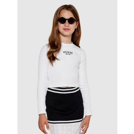 Guess - White Long-Sleeved Neck Crop Top