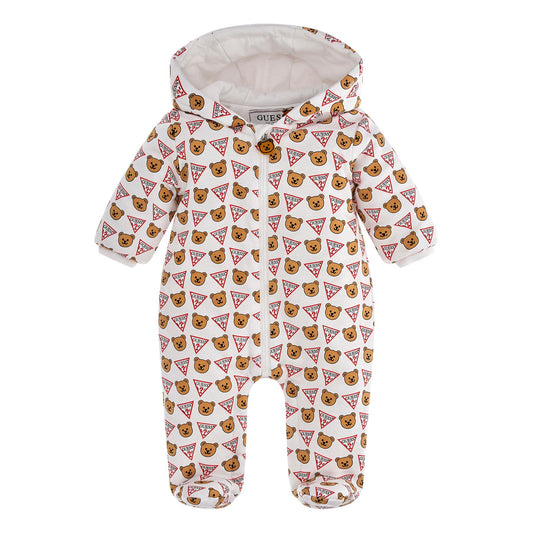 Guess - White Cotton Logo Bear Baby Pramsuit